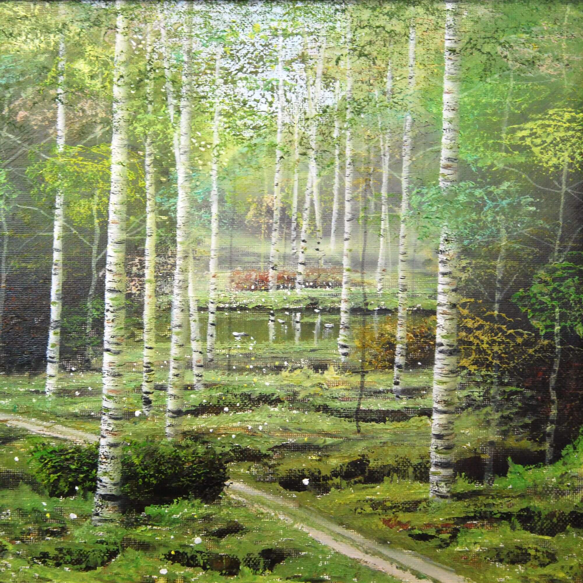 安い買う・作者名：　・早瀬　遼　作　・画題：　・「白樺林」　技法：　・油彩画　（原画）　　　　　　　　　　　　〈378〉R4-5-20 自然、風景画