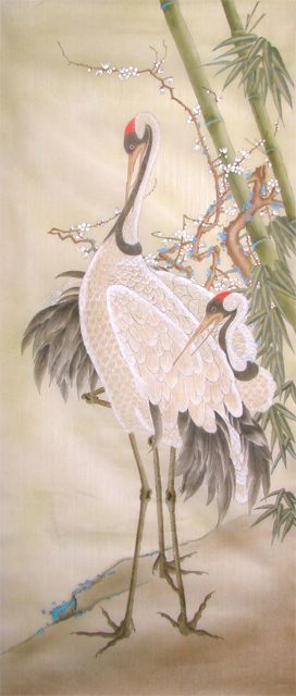 伊藤若冲　双鶴　掛軸　軸装　表具