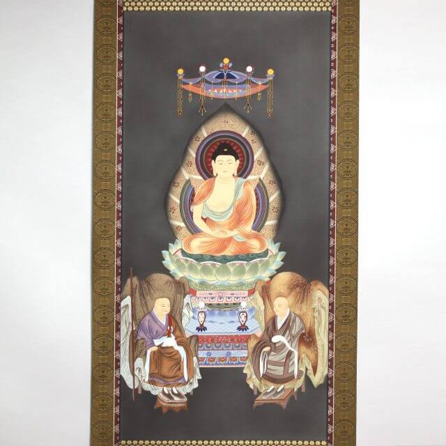 曹洞三尊佛　掛軸　尺八　縦