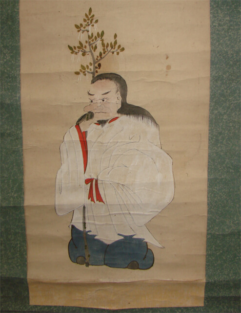 折れジワのひどい 猿田彦 の掛軸修理修復依頼 - 野村美術