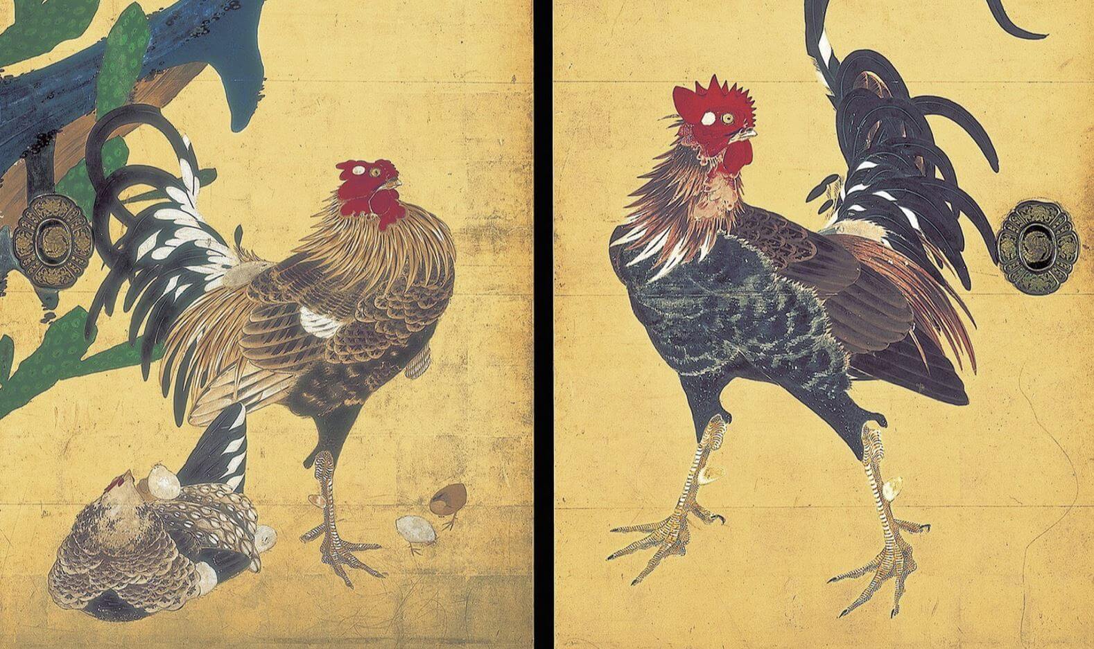 売上安い伊藤若冲　『仙人掌群鶏図』　大幅　絹本　模写 掛軸